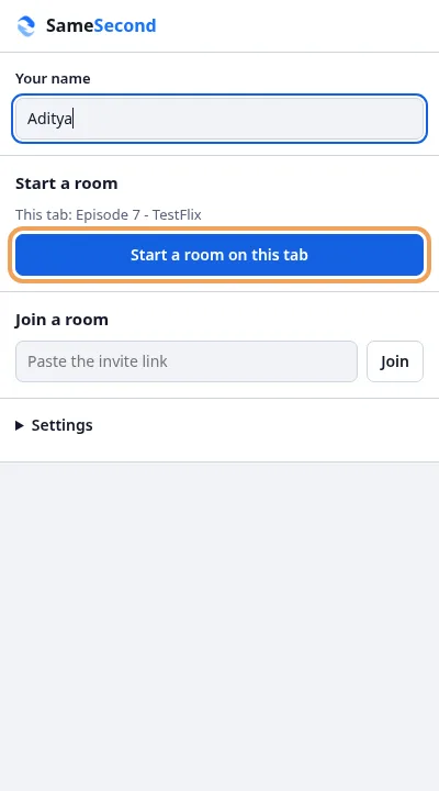 The SameSecond panel with a name entered and the Start a room on this tab button highlighted