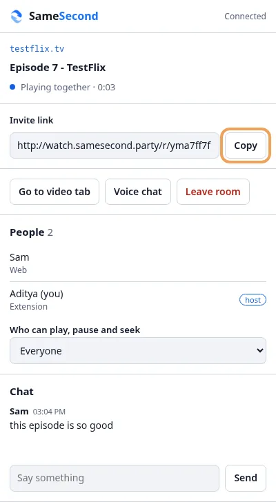The SameSecond panel in a room, with the invite link, two people and a chat message