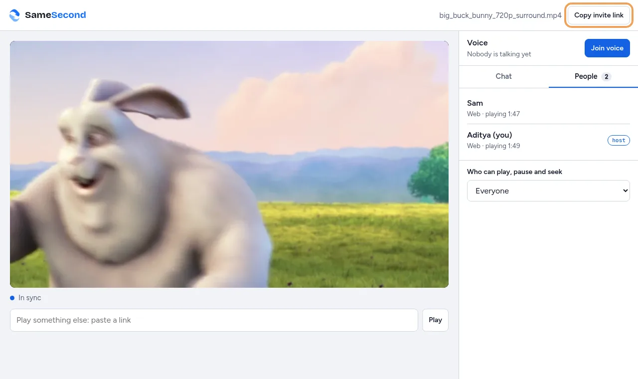 A room on a laptop playing Big Buck Bunny in sync, with two people listed and the Copy invite link button highlighted