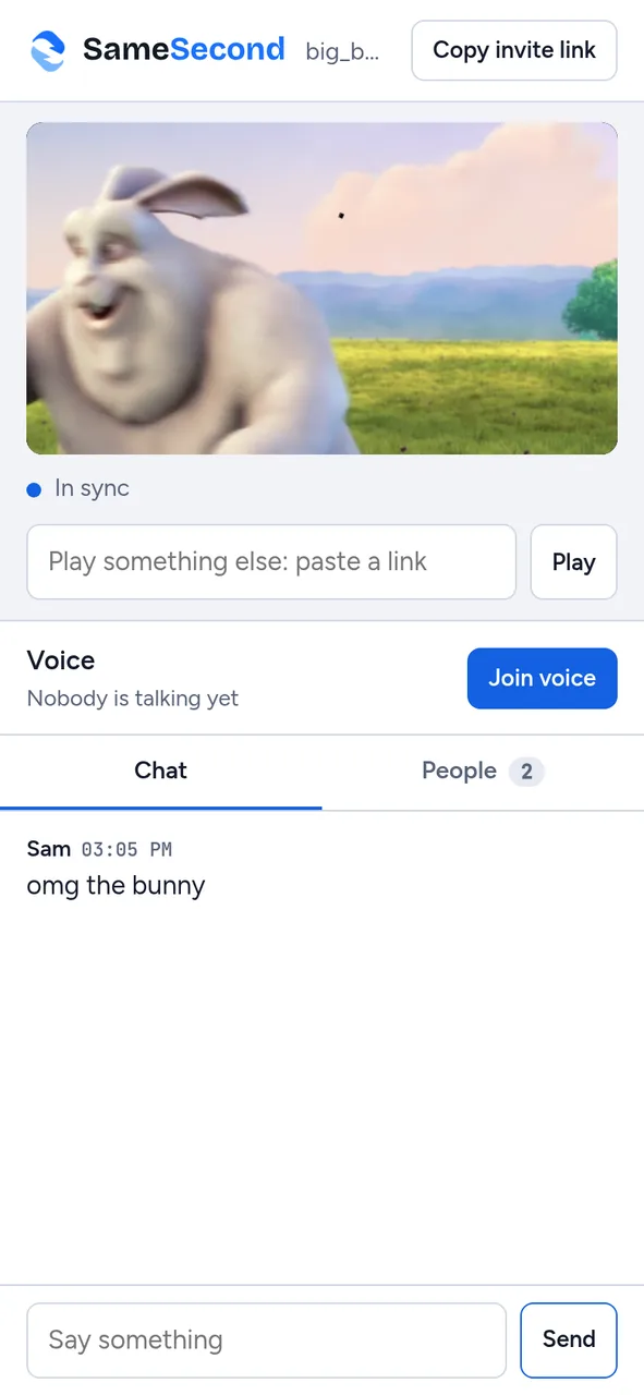 The same room on a phone, in sync, with a chat message saying omg the bunny